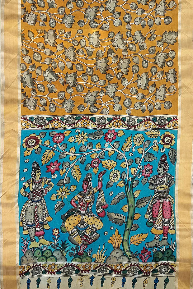 Hand painted Kalamkari on Bangalore silk saree in wheat brown