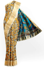 Hand painted Kalamkari on Bangalore silk saree in wheat brown