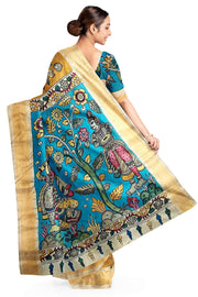 Hand painted Kalamkari on Bangalore silk saree in wheat brown