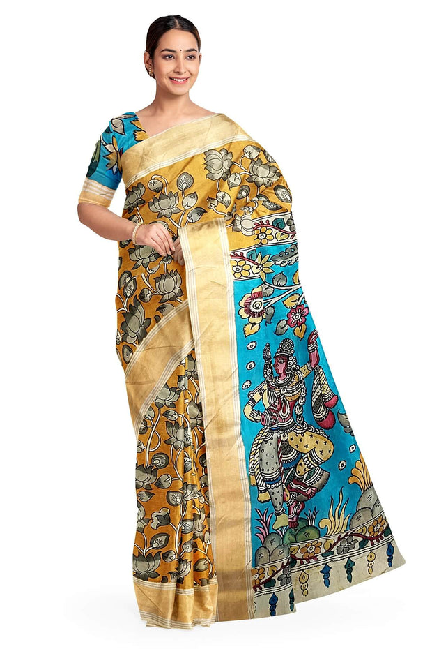 Hand painted Kalamkari on Bangalore silk saree in wheat brown