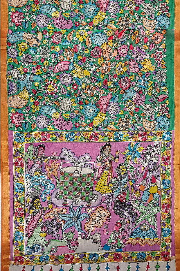 Hand painted Kalamkari on Bangalore silk saree in green