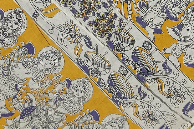 Printed Kalamkari pure cotton saree in mustard