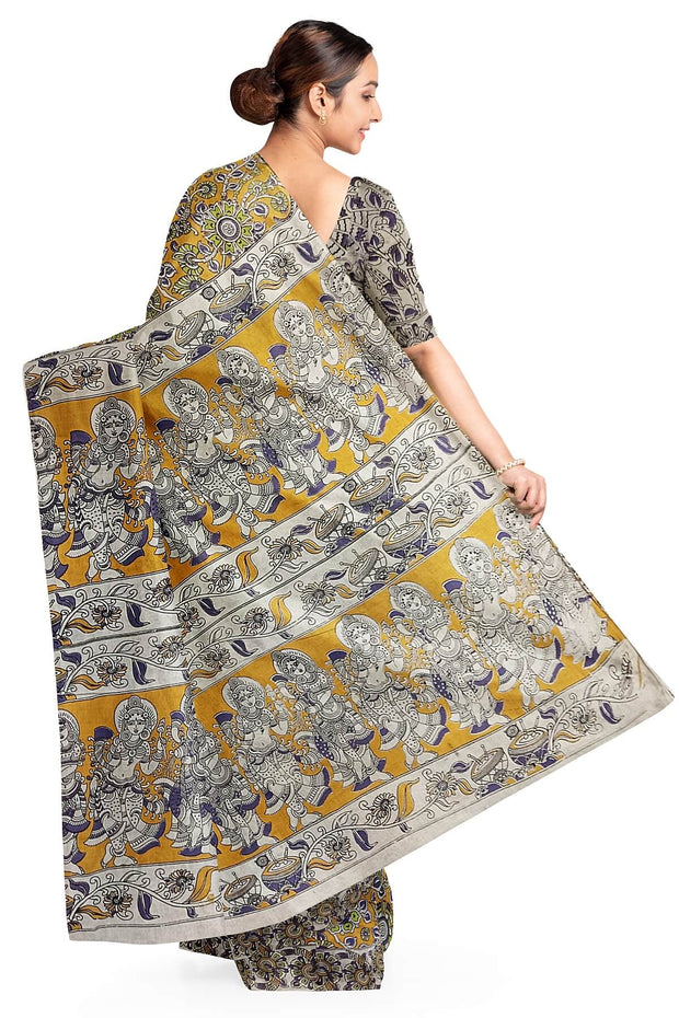 Printed Kalamkari pure cotton saree in mustard