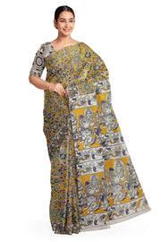 Printed Kalamkari pure cotton saree in mustard