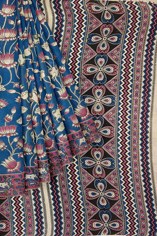 Printed Kalamkari pure cotton saree in blue