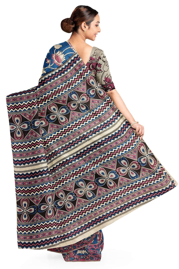 Printed Kalamkari pure cotton saree in blue