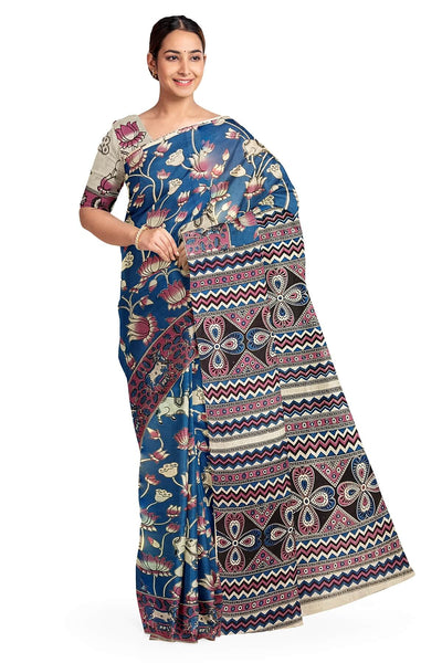 Printed Kalamkari pure cotton saree in blue