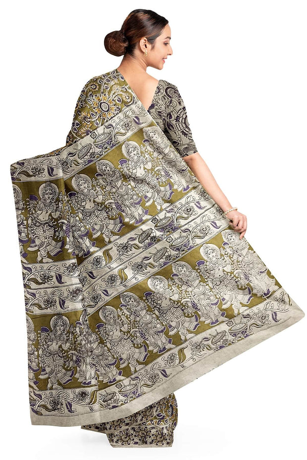 Printed Kalamkari pure cotton saree in mehndi green