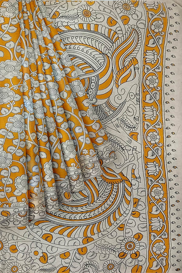 Printed Kalamkari pure cotton saree in yellow