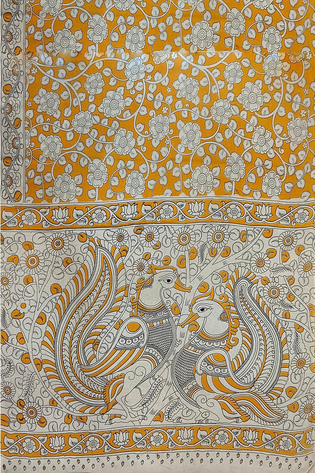 Printed Kalamkari pure cotton saree in yellow