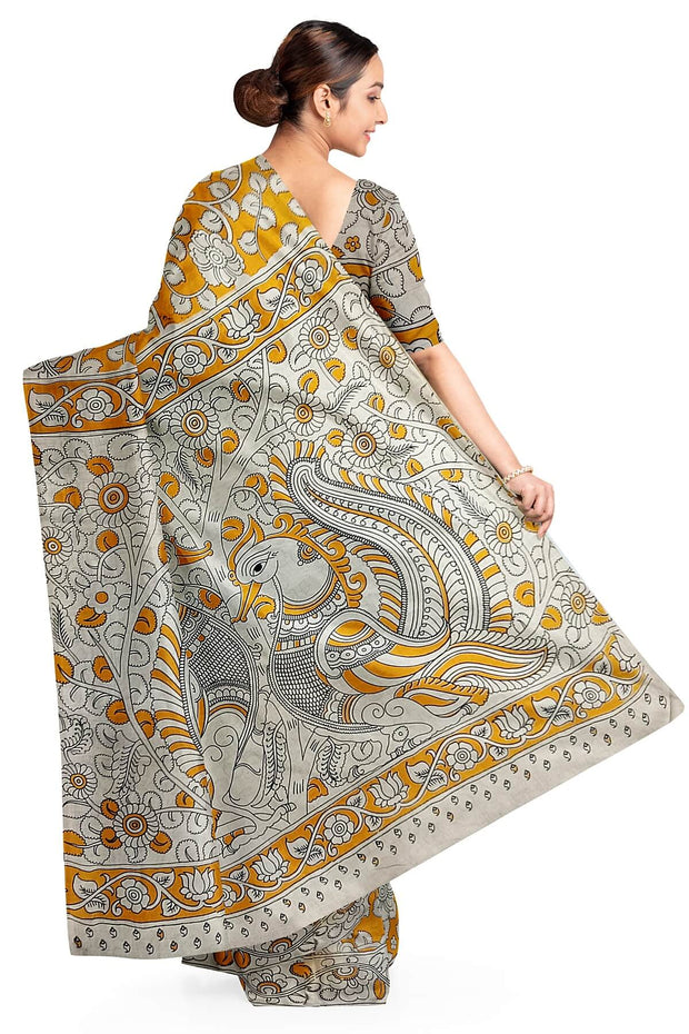 Printed Kalamkari pure cotton saree in yellow