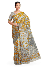 Printed Kalamkari pure cotton saree in yellow