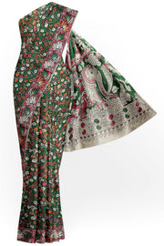 Printed Kalamkari pure cotton saree in dark green