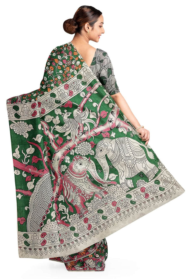 Printed Kalamkari pure cotton saree in dark green