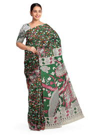 Printed Kalamkari pure cotton saree in dark green