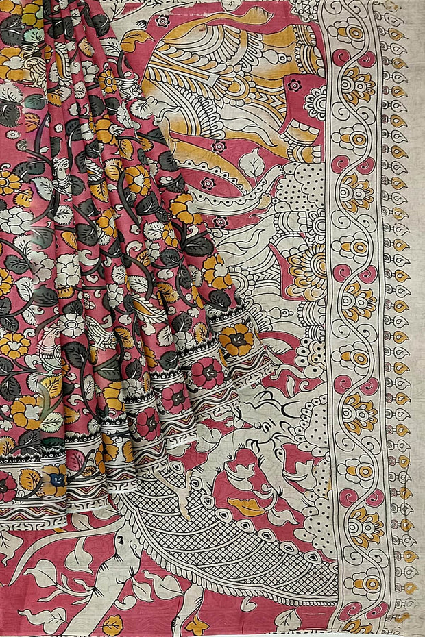 Printed Kalamkari pure cotton saree in pink