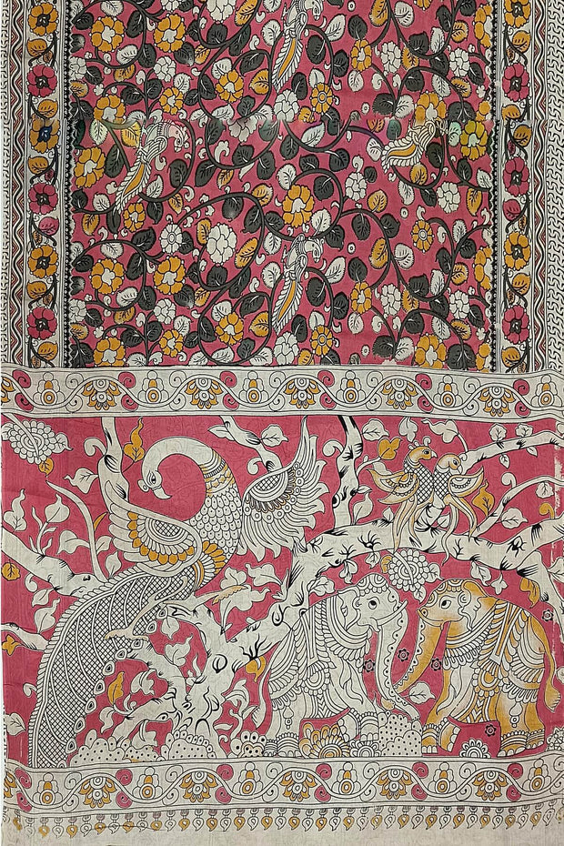 Printed Kalamkari pure cotton saree in pink