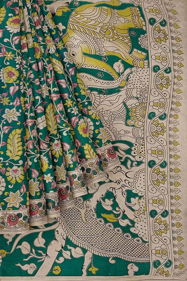 Printed Kalamkari pure cotton saree in green