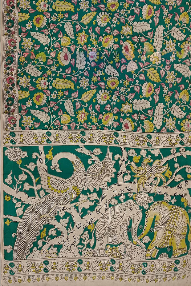 Printed Kalamkari pure cotton saree in green