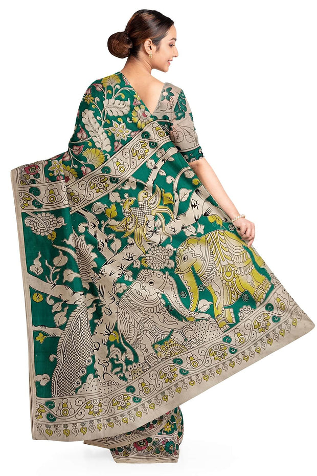 Printed Kalamkari pure cotton saree in green