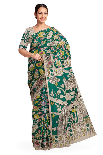 Printed Kalamkari pure cotton saree in green