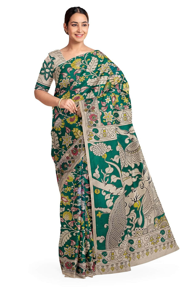 Printed Kalamkari pure cotton saree in green