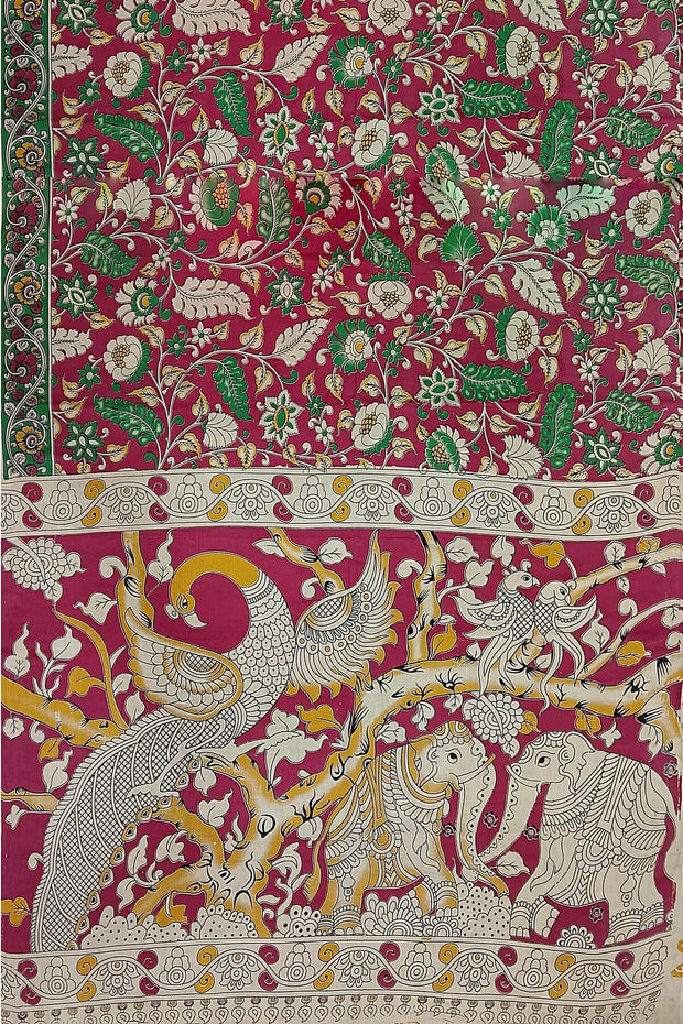 Printed Kalamkari pure cotton saree in red