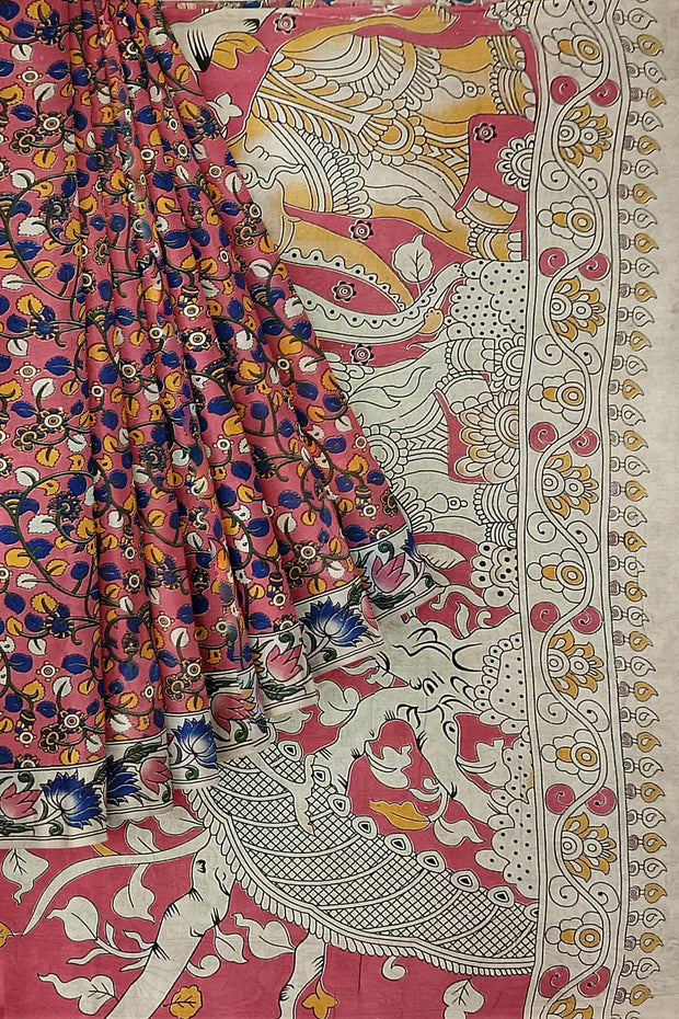 Printed Kalamkari pure cotton saree in strawberry pink