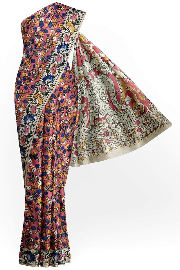 Printed Kalamkari pure cotton saree in strawberry pink