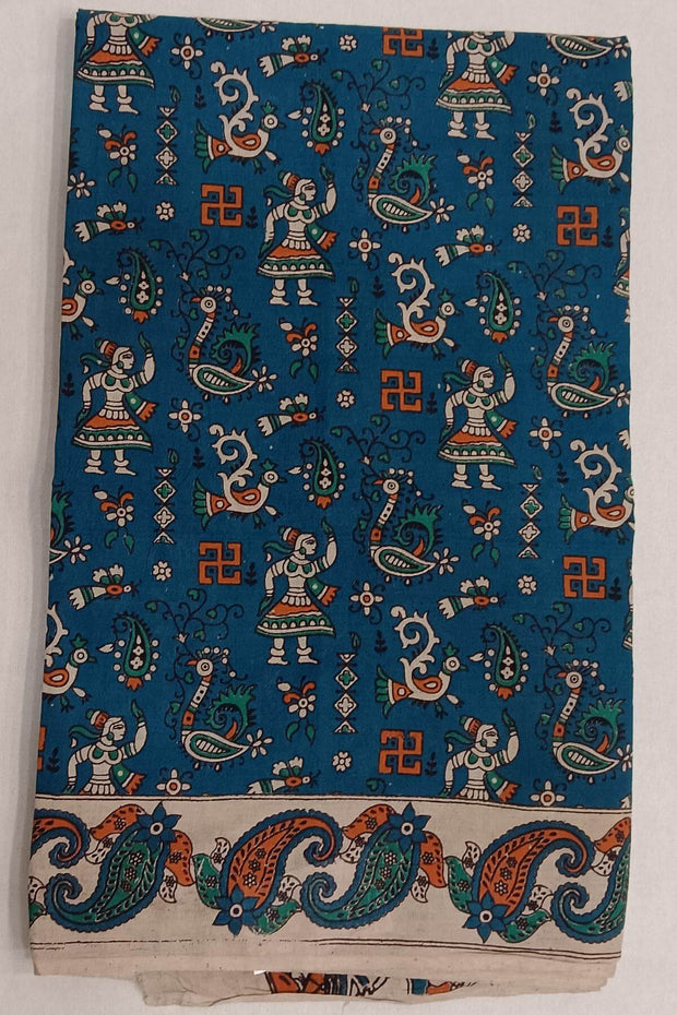 Printed Kalamkari pure cotton saree in prussian blue