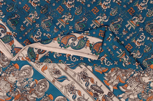 Printed Kalamkari pure cotton saree in prussian blue