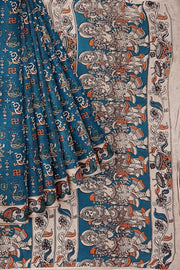 Printed Kalamkari pure cotton saree in prussian blue