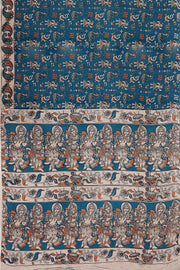 Printed Kalamkari pure cotton saree in prussian blue