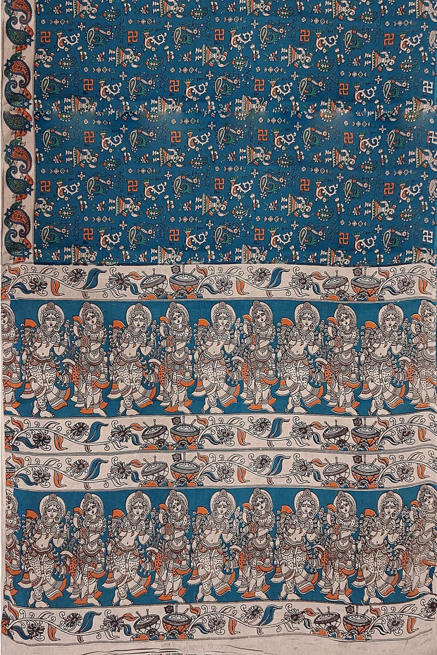 Printed Kalamkari pure cotton saree in prussian blue