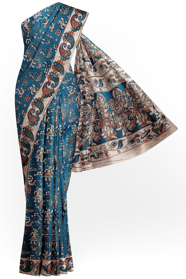 Printed Kalamkari pure cotton saree in prussian blue