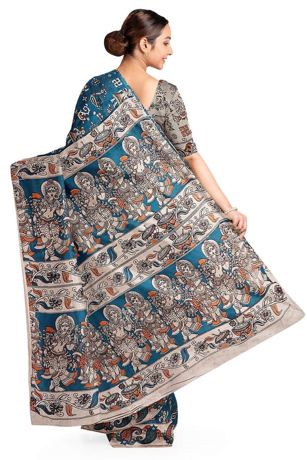 Printed Kalamkari pure cotton saree in prussian blue