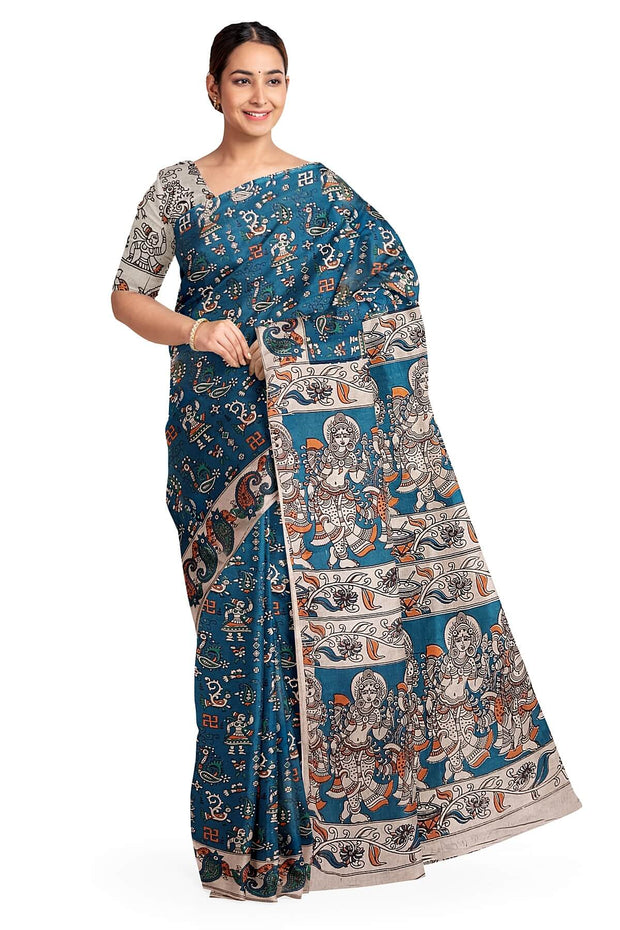 Printed Kalamkari pure cotton saree in prussian blue