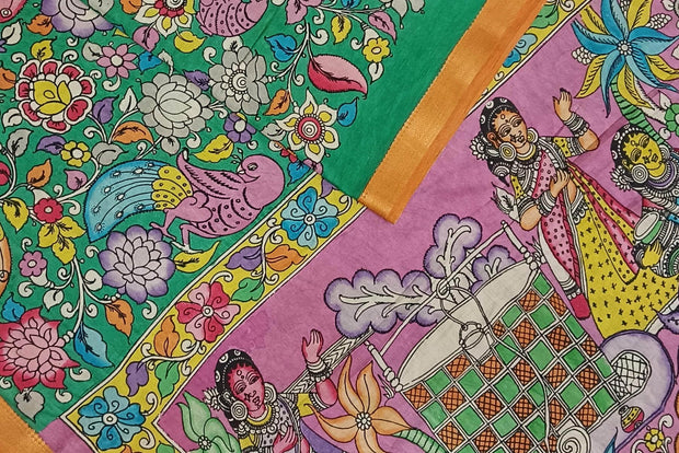 Hand painted Kalamkari on Bangalore silk saree in green