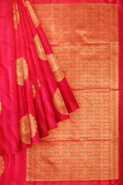 Kanchi soft silk saree in red with peacock motifs in gold