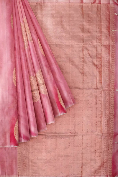 Kanchi soft silk saree in pink with peacock motifs in gold