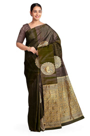 Kanchi soft silk saree in cofee brown with peacock motifs in gold