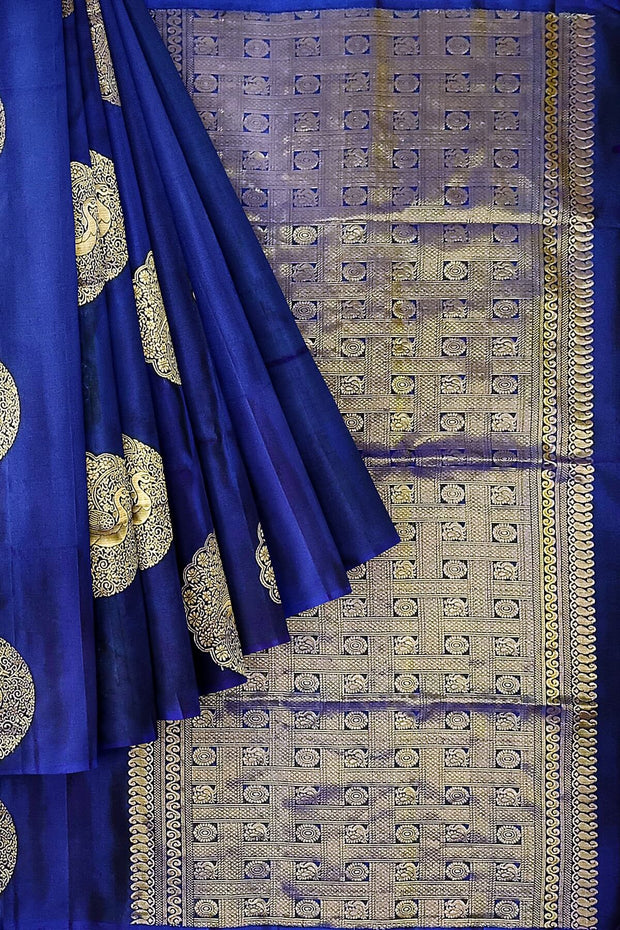 Kanchi soft silk saree in royal blue with peacock motifs in gold