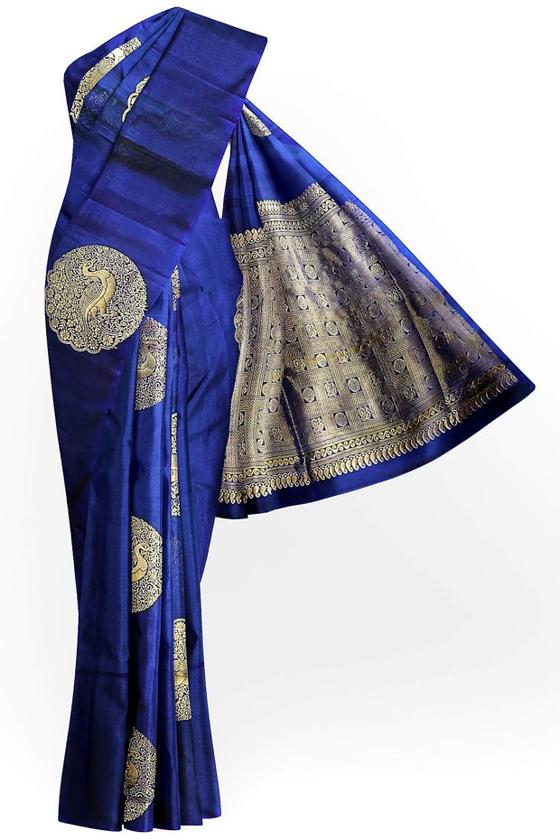 Kanchi soft silk saree in royal blue with peacock motifs in gold