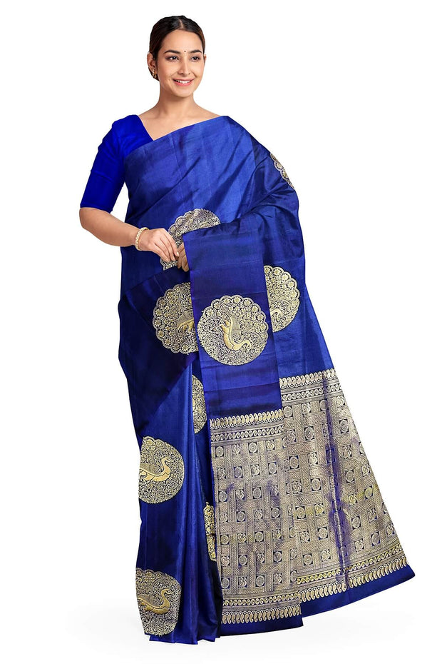 Kanchi soft silk saree in royal blue with peacock motifs in gold