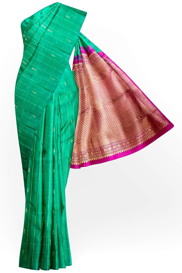 Kanchi borderless pure silk saree in teal green in checks