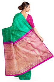 Kanchi borderless pure silk saree in teal green in checks