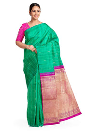 Kanchi borderless pure silk saree in teal green in checks