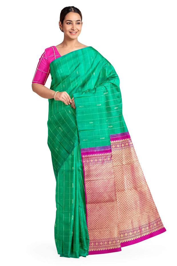 Kanchi borderless pure silk saree in teal green in checks