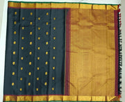 Kanchi pure silk saree in black with peacock & elephant motifs