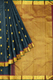 Kanchi pure silk saree in black with peacock & elephant motifs